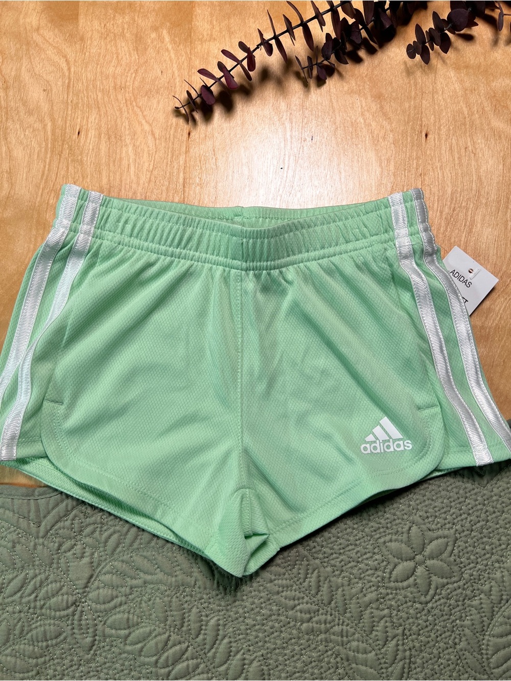 Adidas kids Mint Athletic Running Shorts with White Stripes